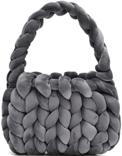 Alzoear Handgewebte Tragetaschen für Damen, grobes Garn, Strick, Umhängetasche, handgefertigt, geflochtene Geldbörse, GRAU, Medium