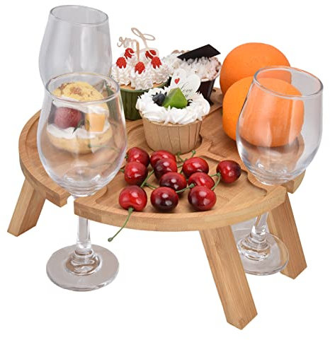 Portable Wine Picnic Table Foldable, Outdoor Wine Table Folding Wooden Picnic Table with Wine Glass Holder for Hiking Camping Outdoor Dinner
