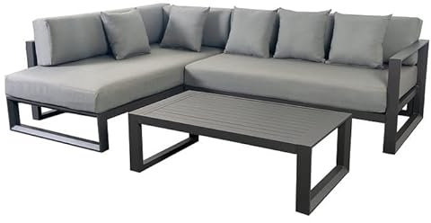 FINQA Gartenliege-Set San Diego mit Sofa und Tisch in Grau, Gartensofa aus Aluminium mit 5 Kissen, Outdoor Sofa, perfekt für Garten, Balkon oder Terrasse
