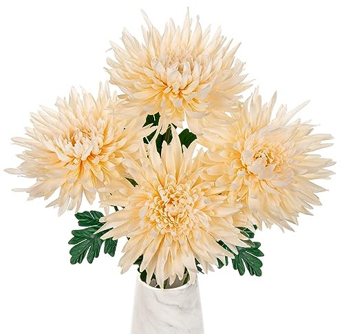 Oairse 4er-Set Kunstblumen Chrysanthemen Dekoration Künstliche Große Spinnenmütter-Blumen für die Heimdekoration, Hochzeit, Haus Garten Party Büro Dekoration Blumenarrangement, Beige