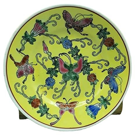 Jingdezhen - Plato de porcelana pintada a mano con diseño de flores y mariposas (14,5 cm)
