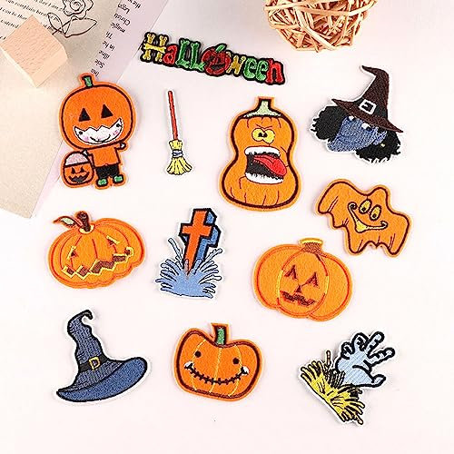 12 Stück Kürbis-Totenkopf-Hexen-Aufnäher, Stickerei, Aufbügeln, Halloween-Dekoration, Zubehör für Kleidung, Jeans, Jacken, T-Shirts, Schuhe, Hüte, Taschen, Kinder, Babys, Jungen, Kleidung, Dekoration