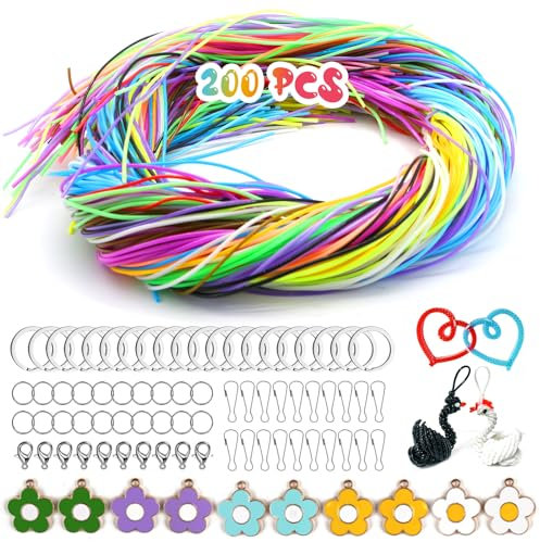TAVADA 200 Stück Scooby DOO Bänder Set,Scoubidou Bänder Set,20 Farben Scoobydoo Bänder zum basteln,mit Keychain und Haken,für DIY Kunstwerk Schmuck Handarbeit Armbänder,Halskett,Schlüsselanhänger