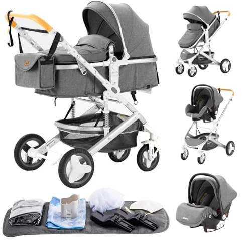 YAZOCO kinderwagen 3 in 1,Kombikinderwagen reisesysteme mit tragbar Moskitonetz Regenschutz Fußsack, Zusammenklappen, Liegeposition Hohe Landschaft (2 grau)