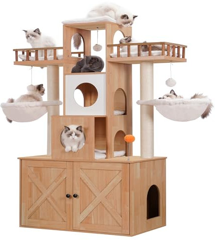 Heybly Cat Tree with Litter Box Enclosure for Indoor Big Cat, Cat Tower for Large Cats 20 lbs Heavy Duty,Modern Cat Condo Furniture with Scratching Posts, Walnut HCT110WB