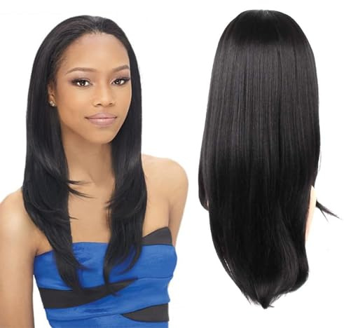 HAIRWAY Quick Wear Weave Perücken für Damen, glattes Kunsthaar, 40,6 cm, 3/4 halb hoch, halb unten, perfekter Haaransatz, japanische Faser-Perücken (1B Off Black)