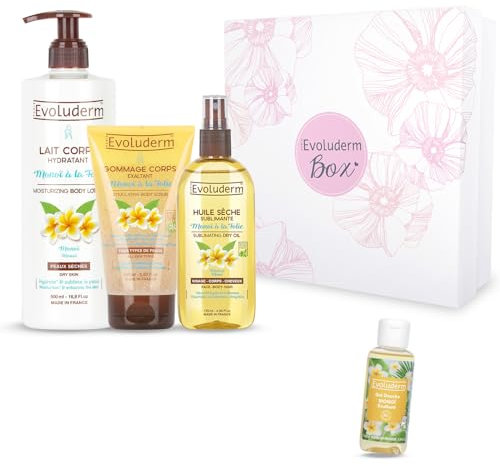 EVOLUDERM – Coffret Bain - Soins Corps - Monoï de Tahiti - 3 Produits + Gel Douche 100 ml OFFERT - Ingrédients d'Origine Naturelle - Végan - Idée Cadeau - Coffret cadeau (Flower)