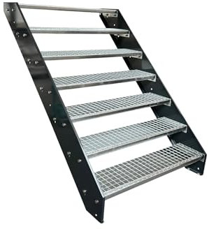 Kaminbau Mierzwa Premium Stahl Treppe Wangen Anthrazit RAL 7016/7 Stufen verzinkt (Breite 800 mm) (Höhe 133 cm) Wetterfest Gitterroststufe Gartentreppe