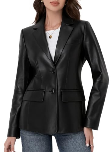Lammfell-Lederjacke für Damen, langärmelig, Knopfleiste vorne, gekerbtes Revers, lässiger Stil, Belüftungsdetails