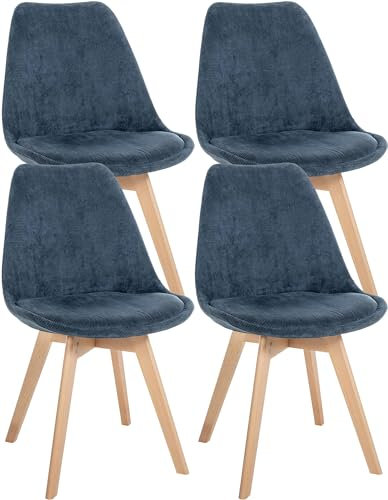 CLP 4er Set Esszimmerstuhl Linares Kunststoff I Stoff I Samt I Cord I Lederoptik I Lehnstuhl Mit Holzgestell, Farbe:dunkelblau, Material:Cord
