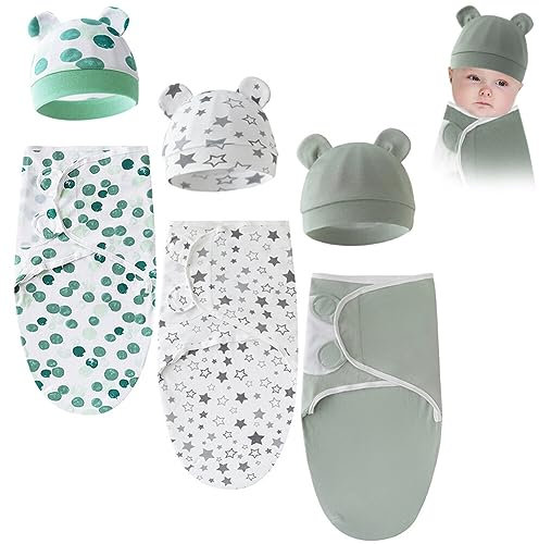 3er Pucksack Baby 0-3 Monate, Unisex Baby Wickeldecke Baby Schlafsack mit Mütze, Pucksack aus Baumwolle für Neugeborene,Baumwolle Swaddle Decke für Neugeborene Babys, Unisex, 70x50cm