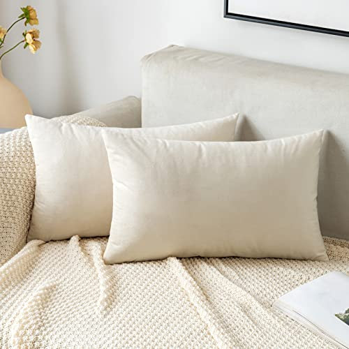 EMEMA Samt Kissenbezug Kissenhülle 30x50 cm Dekorative Dekokissen Creme Weiß Sofakissen Lendenkissen Wurfkissenbezug mit Verstecktem Reißverschluss Sofa Schlafzimmer 2er Set