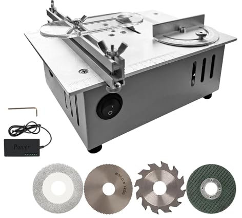 ZALASUNG Piccola sega circolare da tavolo con 4 lame, seghe circolari portatili di precisione Saw-0,1-15 mm regolabile in altezza/7 marce/arresto angolare 0-90°/mini sega circolare da tavolo per