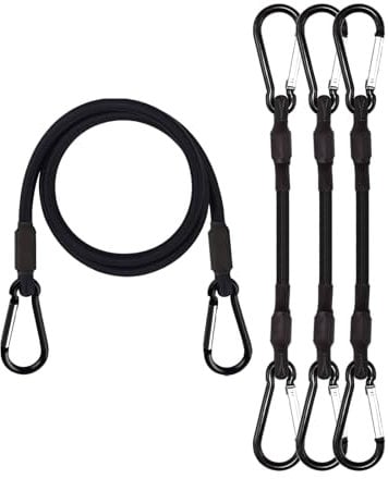 Spannseile mit Karabinerhaken, 4er Pack, 100 cm lang, strapazierfähiges Karabiner-Spannseil, extra Starke Schwarze Spanngurte mit Karabinerhaken für Camping, Planen, Fahrradträger, Zelt, Auto