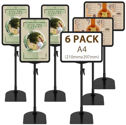 Newzealkids Lot de 6 supports d'affiche A4 réglables, réutilisables pour menus publicitaires, supports d'affichage pour affichage vertical et horizontal, noir