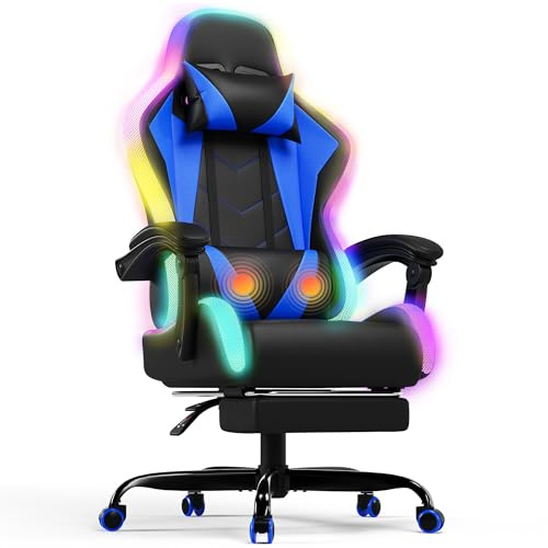 Devoko Sedia da Gaming con Massaggiante Schienale Regolabile 90-135°, Sedia Gaming con LED e Poggiapiedi Telescopico,Poltrona Gaming Ergonomica Portata 150 kg (Blu)