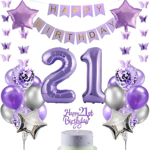 Anlgdi Luftballons 21. Geburtstag Dekoration, Lila Tortendeko Geburtstag 21 Jahre Mann, Geburtstagsdeko 21 Jahre Manner Frauen, Happy Birthday Banner für 21. Geburtstags MannerParty Dekoration