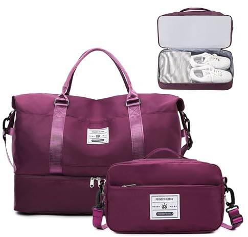 JXCTNNU Reisetasche Handgepäck Tasche Sporttasche Damen Reisetaschen Weekender Bag Wasserdicht Travel Bag mit Schulranzen Schuhfach & Nassfach für Reisen Gym Yoga (Purpurrot)