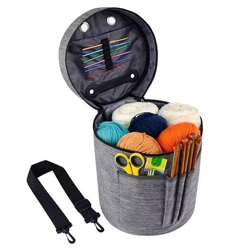 igadgitz home U7267 Runde Polyester Stricktasche, Runde Garn-Aufbewahrungstasche, Tragbare Häkeltasche mit Schultergurt - Grau