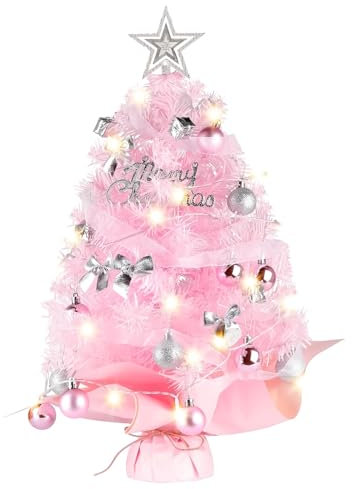 Xinlie Mini Weihnachtsbaum Rosa 45cm Weihnachtsbaum Klein mit Beleuchtung DIY Tannenbaum Tisch Weihnachtsbaum mit Led-Beleuchtung und Weihnachtskugeln in Rosa und Silber für Home Office Shop Desktop