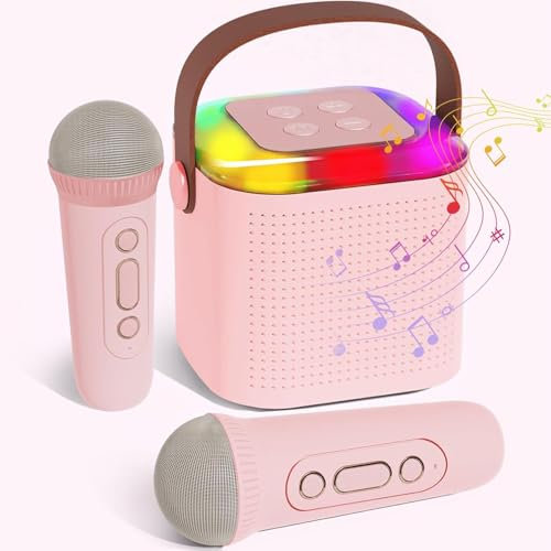 ANSTEN Karaoke Infantil Bluetooth 5.0, Karaoke 2 Micrófonos Inalambricos Pour Uso Domestico, Microfono Niña con 6 Efectos de Sonido Y 5 Luces LED, Micrófono Karaoke, Karaoke Apto para Fiestas-Rosa