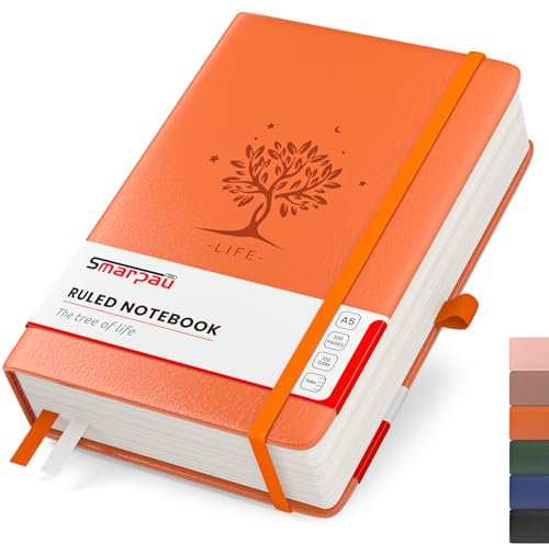 Smarpau A5 liniertes Notizbuch, 320 Seiten dickes Hardcover-Notizbuch mit Haftnotizen, 100gsm dickes Papier Journale für schreiben, Notizbucher Hardback für Schule Büro, 14.5 x 21cm - Orange
