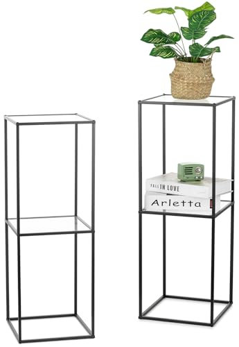 NUPTIO Support Plantes Interieur Metal: 2 Pièces 80cm Noir Porte Plante avec Panneau Acrylique à 2 Niveaux pour Decoration Maison - Vase de Fleurs pour Centre de Table Mariage