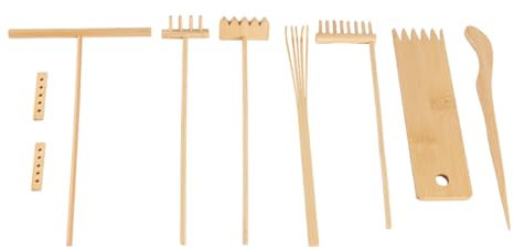 Sarini Kit de râteau de Jardin 7 pièces Ensemble Complet d'outils de râteau Zen avec Support de râteau en Bambou et râteau à Mousse Brosse Cuillère Idéal pour l'entretien du Jardin de Sable