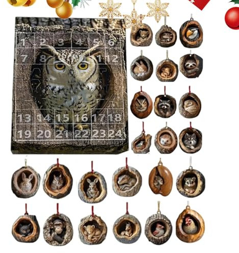 Tiere Adventskalender 2024, 2D Acryl Tier Weihnachtsbaum Ornamente Baumloch Tier Dekorationen Kalender, 24 Tage Weihnachten Countdown Kalender, Woodlands Weihnachtsschmuck für Tierliebhaber