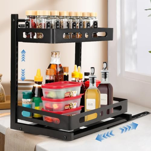 VINATO Organizer Sottolavello Cucina, 2 Livelli Organizzatore Estraibile, Lavandino Regolabile in Altezza Scaffale Carrello, Porta Detersivi Salvaspazio sotto Lavello Per Bagno/Dispensa, Nero