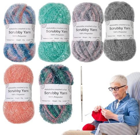 Yarn for Scrubbies - with 6 Rolls Pastel Scrubby Yarn for Dishcloths Crocheting | Colorful sparklee Scruubby Yaran | Polyester Scruubby Assortment Dishcloths Yanrn for Gentle Cleaning