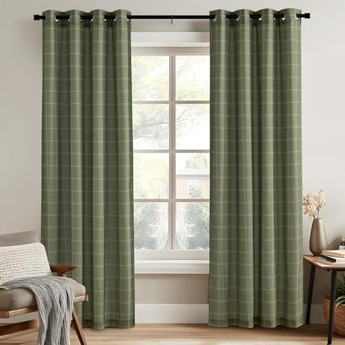 PONY DANCE Gingham Checked Curtains 52x84 Inch 2 Panels Moss Green Printed Tartan Pattern Linen Blend Polyester Eyelet Headings Rustic Charm for Cottage Style Decor