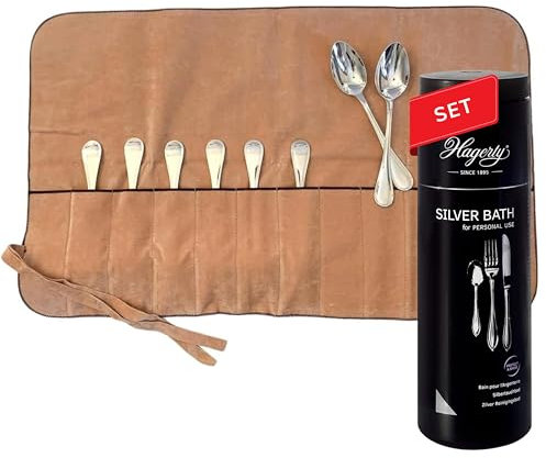 Hagerty Set Silver Bath + Silver Guard Cuttlery Roll I Silbertauchbad mit Anlaufschutz 580ml + Bestecktasche für Esslöffel mit 12 Fächern 66x41 cm I für Besteck aus Silber oder versilbertem Metall