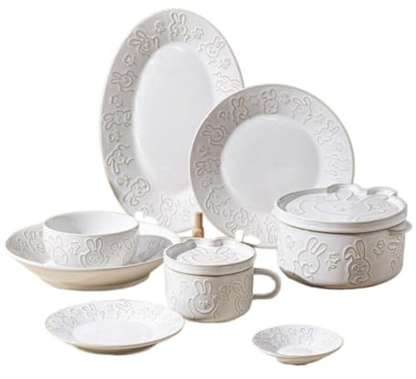 MOBYGKFY Ensemble de vaisselle en céramique bol et assiette, maison, four combiné en relief blanc, changement de maison