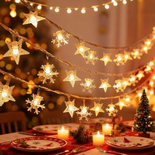 ALEGRE Weihnachts Lichterkette Schneeflocken,3M 20 LED Schneeflocke Sterne Lichterkette Weihnachten Batterie,Sterne Lichterketten Innen Weihnachten,Weihnachtslichterkette für Garten,Zimmer,Balkon Deko