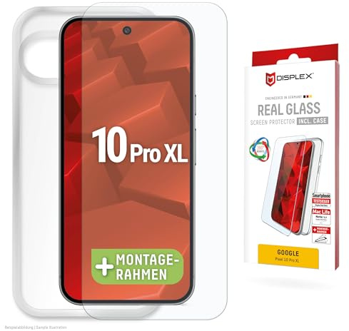 Schutzglas + Schutzhülle für Google Pixel 10 Pro XL (10H) Eco-Montagerahmen | DISPLEX Real Glass + transparente Schutzhülle, 10H Panzerglas, Bruchschutz, extra-harte Kanten, kratzfest, Anti-Shock