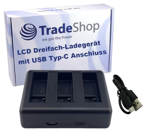 Trade-Shop Dreifach Akku-Ladegerät Ladestation USB Typ-C kompatibel mit DJI BCX202, BCX204 / Osmo Action 3, 4, 5 Action-Kamera