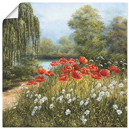 ARTLAND Wanddeko Poster & Kunstdrucke Wandposter 50 x 50 cm Botanik Blumenwiese Mohnblume Malerei Grün Mohnwiese am See A1MB