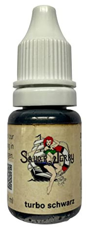 REACH-konforme Sailor Jerry Tattoofarbe Turbo Black (Turbo Schwarz) 10 ml. Deutsche Tattoofarbe und mit Zertifikat. Tätowierfarbe, Tattoo Ink