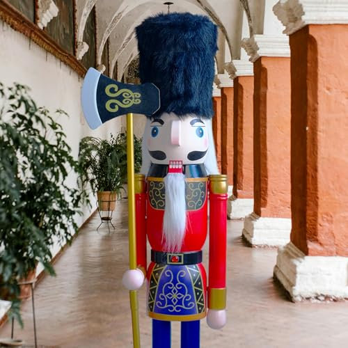 CDL 180cm 6Ft Tall Life-Size Large/Giant Red/Blue Christmas Wooden Nutcracker Soldier Ornament On Stand Hold Scepter Xmas/Event/Ceremonies/Commercial Indoor Outdoor Decoration K12