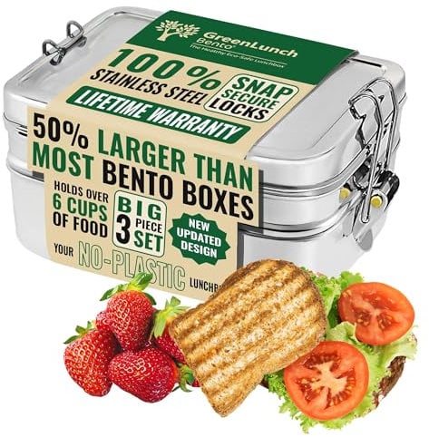 GreenLunch Bento Stackable Stainless Steel Bento Box for Adults with Snack Pod - Holds 6 Cups of Food, 100% Crack-Resistant, Secure Locks, Eco-Friendly Lunch Box Container for School & Office