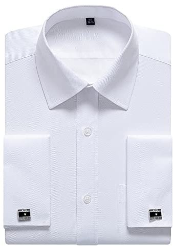 siliteelon Mens White Double Cuff Shirt, Cufflinks Shirt for Men Dress Formal Shirts,French Cuff Men's Long Sleeve Work Wedding Evening