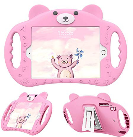 PZOZ Hülle für iPad 7.9 Zoll, iPad Mini 1/2/3/4 Generation Kinder Silikon Stoßfest Schutzhülle Mit Griff Ständer, Apple Tablet Schutz Cover Zubehör Geeignet für Junge und Mädchen (Rosa)