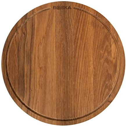BOSKA Pizzabrett Friends M/Servierbrett aus Eichenholz/Pizza, Tapas und andere Speisen/Praktische Auffangrinne/Braun / ⌀ 29 cm