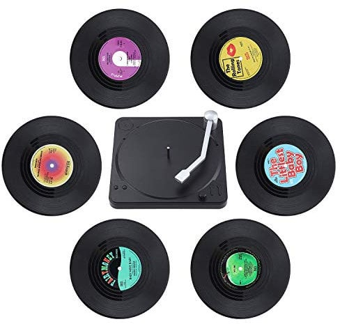 Coolty 6 Pièces Dessous de Verre en Vinyle Rétro CD Sous-verres pour Café Thé Bière Vin Bouteille de Vin avec Support, 10.5 x 10.5 x 0.2 cm