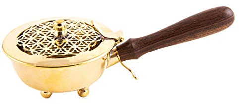 NKlaus Räucherpfanne Messing Gold mit Holzgriff L: 20cm Blume des Lebens für Weihrauch Räucherwerke und Harze Tragegefäß Betriebsart Räucherkohle aus Sand 4020