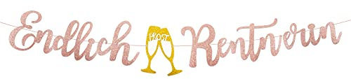 BETESSIN Ruhestand Deko für Damen - Endlich Rentnerin Girlande Glitzer Rosegold Banner Papier Hängedeko für Rente Party, Abschiedsfeier, Ruhestand Dekoration usw.