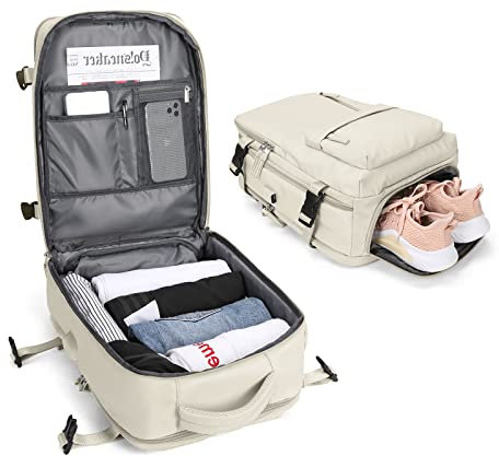 BJLFS Handgepäck Rucksack Ryanair Groß Reiserucksack Handgepäck Flugzeug mit Schuhfach,Kofferrucksack Flugzeug Tasche,Travel Backpack Carry On Luggage für 14 Zoll Laptop,Beige