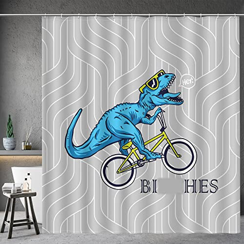 Aimego Lustiger Duschvorhang-Set mit Dinosaurier-Motiv, niedliches Dino-Muster, Duschvorhang-Set mit 12 Haken, für Badezimmer, Dekoration, Zubehör, Badewannenvorhang, 182,9 x 182,9 cm, Blau