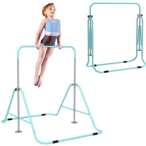 HOMCOM Kids Gymnastic Bar, Foldable Horizontal Bars w/Adjustable Height, Training Bar w/Triangle Base - Light Blue